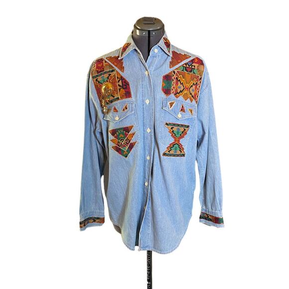 AMRAV Cowgirl Core Womens M Denim Sleeved Button Front Applique Southwest Shirt - Picture 1 of 11